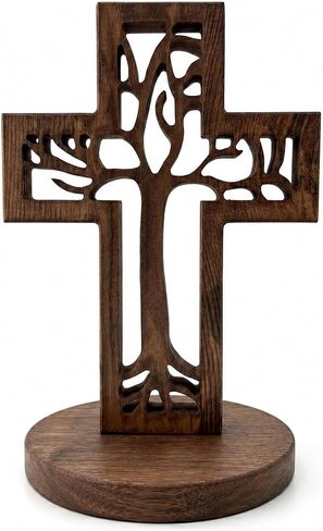 Tree of Life Wooden Cross Decor 8inch Carved Christian Cross Freestanding or Wall Hanging with Attached Stand for Tabletop Display, Rustic Solid Pine Religious Gift for Vintage Retro Home Living Room in Saudi Arabia