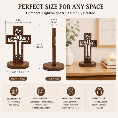 Tree of Life Wooden Cross Decor 8inch Carved Christian Cross Freestanding or Wall Hanging with Attached Stand for Tabletop Display, Rustic Solid Pine Religious Gift for Vintage Retro Home Living Room in Saudi Arabia