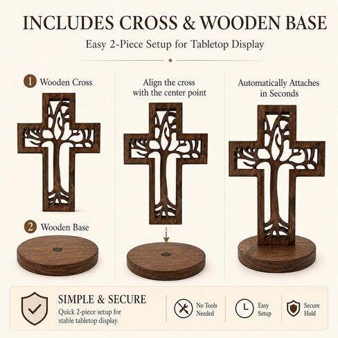 Tree of Life Wooden Cross Decor 8inch Carved Christian Cross Freestanding or Wall Hanging with Attached Stand for Tabletop Display, Rustic Solid Pine Religious Gift for Vintage Retro Home Living Room in Saudi Arabia