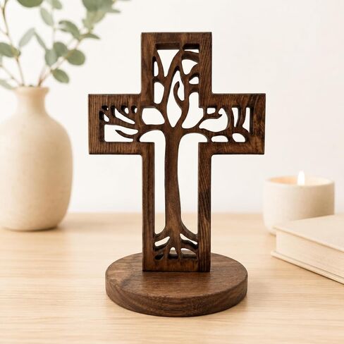Tree of Life Wooden Cross Decor 8inch Carved Christian Cross Freestanding or Wall Hanging with Attached Stand for Tabletop Display, Rustic Solid Pine Religious Gift for Vintage Retro Home Living Room in Saudi Arabia