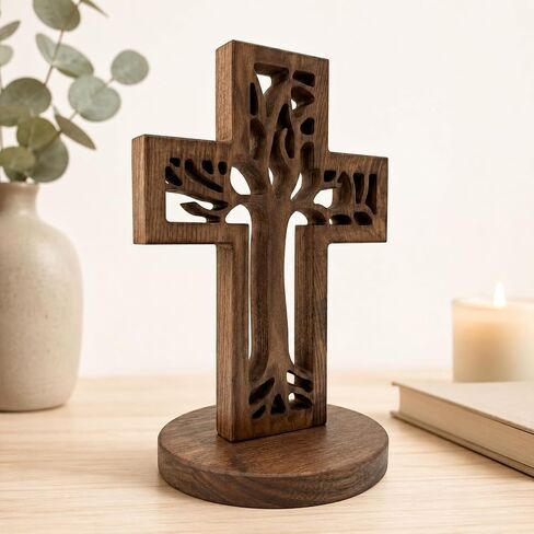 Tree of Life Wooden Cross Decor 8inch Carved Christian Cross Freestanding or Wall Hanging with Attached Stand for Tabletop Display, Rustic Solid Pine Religious Gift for Vintage Retro Home Living Room in Saudi Arabia