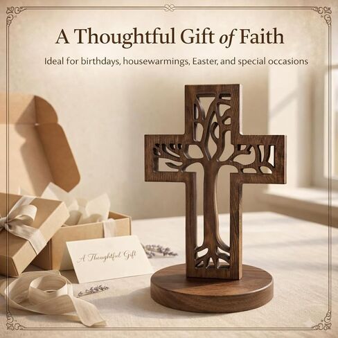 Tree of Life Wooden Cross Decor 8inch Carved Christian Cross Freestanding or Wall Hanging with Attached Stand for Tabletop Display, Rustic Solid Pine Religious Gift for Vintage Retro Home Living Room in Saudi Arabia