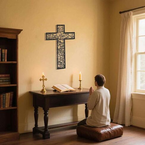 Black Metal Cross Wall Decor Iron Christian Cross for Home Church, Hollow Out Artistic Hanging Ornament, Crosses Wall Decor for Living Room, Bedroom, Decorative Thankful Religious Gift, 18.5x12.3 Inch in Saudi Arabia