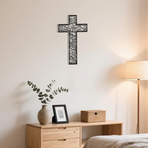 Black Metal Cross Wall Decor Iron Christian Cross for Home Church, Hollow Out Artistic Hanging Ornament, Crosses Wall Decor for Living Room, Bedroom, Decorative Thankful Religious Gift, 18.5x12.3 Inch in Saudi Arabia