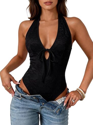 LYANER Women's Floral Lace Tie Backless Halter V Neck Slim Fit Sexy Going Out Bodysuits in Kuwait
