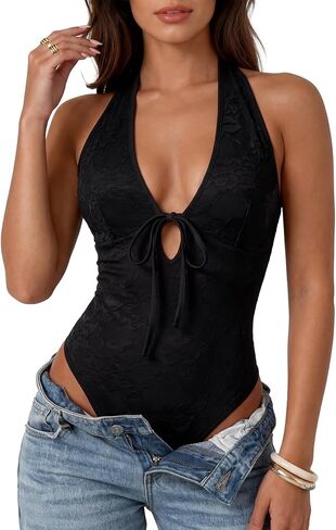 LYANER Women's Floral Lace Tie Backless Halter V Neck Slim Fit Sexy Going Out Bodysuits in Kuwait