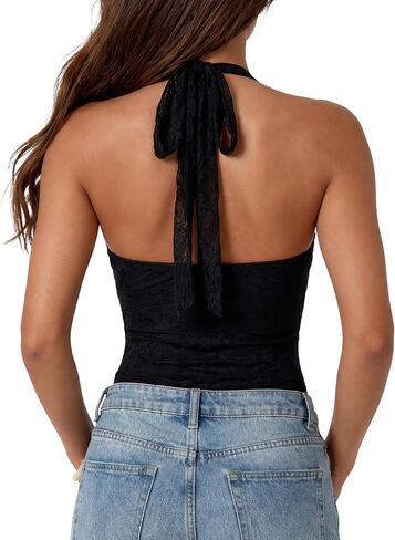 LYANER Women's Floral Lace Tie Backless Halter V Neck Slim Fit Sexy Going Out Bodysuits in Kuwait
