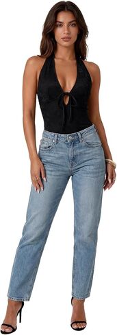 LYANER Women's Floral Lace Tie Backless Halter V Neck Slim Fit Sexy Going Out Bodysuits in Kuwait