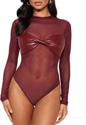 Sexy Mesh See Through Bodysuit For Women Twist Leather Bra Long Sleeve Shirt Tops One Piece Leotard Rave Clubwear in Kuwait