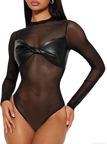 Sexy Mesh See Through Bodysuit For Women Twist Leather Bra Long Sleeve Shirt Tops One Piece Leotard Rave Clubwear in Kuwait
