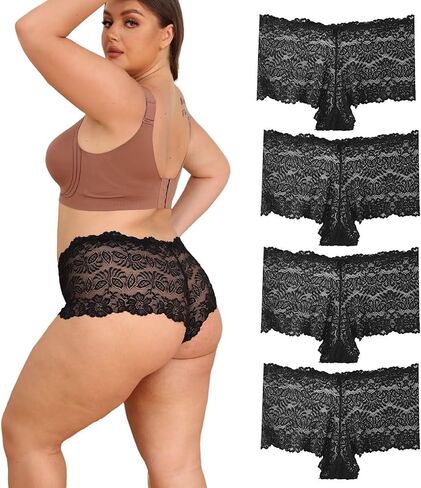 Womens Plus Size Panties, Mid Rise- Sexy Underwear for Women, Lace Boyshorts Panty, Boy Shorts Underwear Pack 4 in Kuwait
