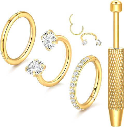 Aumeo Surgical Steel Nose Rings Hoops 20G 18G 16G and 1PC Piercing Ball Grabber Tool, Internally Threaded Horseshoe Nose Ring Hoop 7mm for Women, Silver/Gold in Saudi Arabia