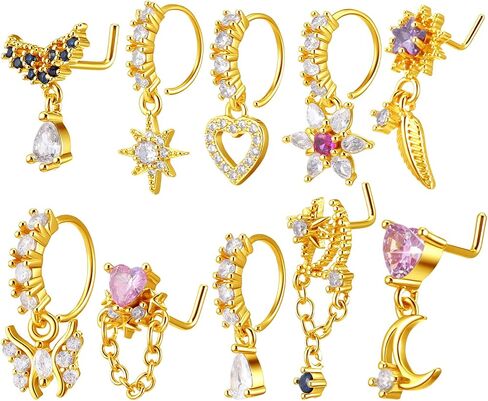 10 PCS Dangle Nose Rings for Women, Gold Nose Ring Studs with Cz, Cute Heart Star Butterfly Moon Shape Noses Piercing Jewelry for Women in Kuwait
