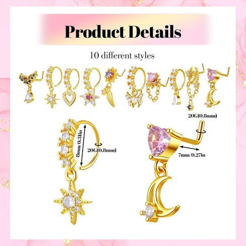 10 PCS Dangle Nose Rings for Women, Gold Nose Ring Studs with Cz, Cute Heart Star Butterfly Moon Shape Noses Piercing Jewelry for Women in Kuwait