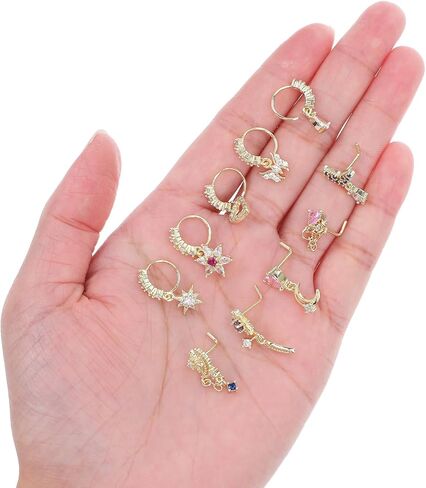 10 PCS Dangle Nose Rings for Women, Gold Nose Ring Studs with Cz, Cute Heart Star Butterfly Moon Shape Noses Piercing Jewelry for Women in Kuwait