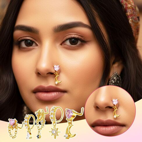 10 PCS Dangle Nose Rings for Women, Gold Nose Ring Studs with Cz, Cute Heart Star Butterfly Moon Shape Noses Piercing Jewelry for Women in Kuwait