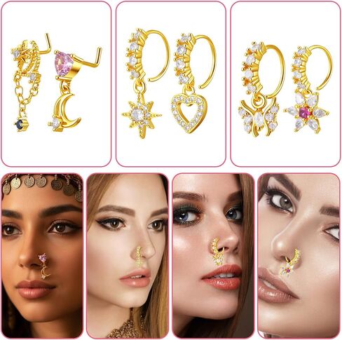10 PCS Dangle Nose Rings for Women, Gold Nose Ring Studs with Cz, Cute Heart Star Butterfly Moon Shape Noses Piercing Jewelry for Women in Kuwait