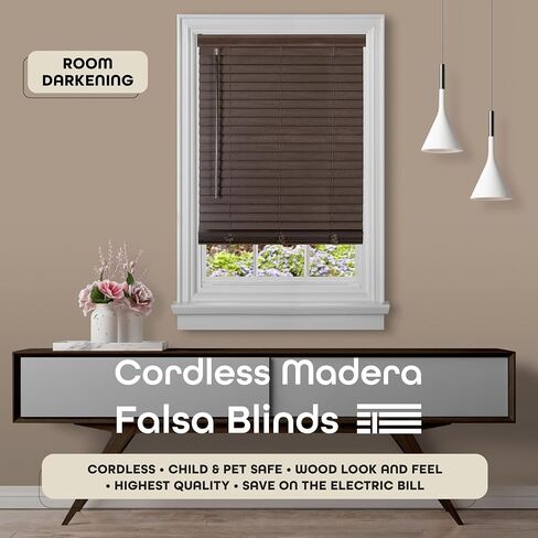 Cordless Room Darkening Plantation Blind - 74 Inch Width, 52 Inch Length, 2" Vinyl Slat Size - Mahogany - Madera Falsa Faux Wood, Light Filtering Horizontal Windows Blinds by Achim Home Decor in Saudi Arabia