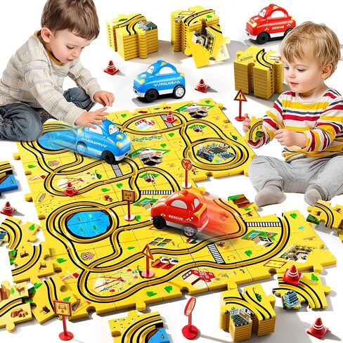 64 PCS Puzzle Race Cars Track Set Toys for Kids Boys, Puzzle Racer Kids Car Track Set Ages 3-5 4-6, Toys Gifts for 3 4 5 Year Old Boys, Ideal 3 4 5 Year Old Boys (Animals) in Saudi Arabia