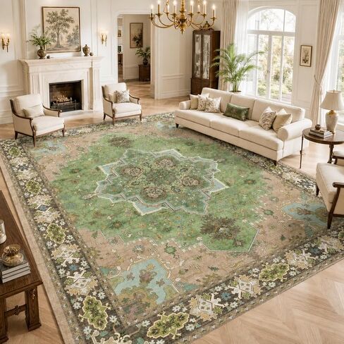 AMADA HOMEFURNISHING 8x10 Area Rug for Living Room, Vintage Washable Area Rug Low-Pile & Non-Slip Carpet for Bedroom Dining Room Nursery Home Office, Green in Saudi Arabia