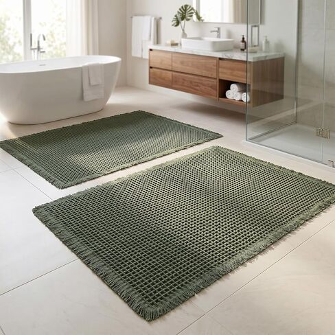 Set of 2 Waffle Bathroom Rugs, Non Slip Absorbent Waffle Knit Bath Mat for Shower Floor, Tub and Bathroom Door, Ultra Soft Quick Dry, Olive Green, 17"x24"+18"x30" in Kuwait