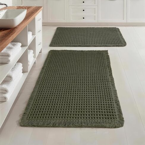 Set of 2 Waffle Bathroom Rugs, Non Slip Absorbent Waffle Knit Bath Mat for Shower Floor, Tub and Bathroom Door, Ultra Soft Quick Dry, Olive Green, 17"x24"+18"x30" in Kuwait