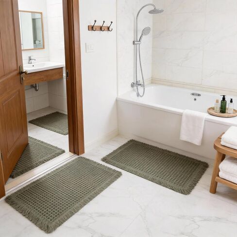 Set of 2 Waffle Bathroom Rugs, Non Slip Absorbent Waffle Knit Bath Mat for Shower Floor, Tub and Bathroom Door, Ultra Soft Quick Dry, Olive Green, 17"x24"+18"x30" in Kuwait