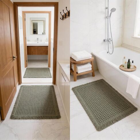 Set of 2 Waffle Bathroom Rugs, Non Slip Absorbent Waffle Knit Bath Mat for Shower Floor, Tub and Bathroom Door, Ultra Soft Quick Dry, Olive Green, 17"x24"+18"x30" in Kuwait