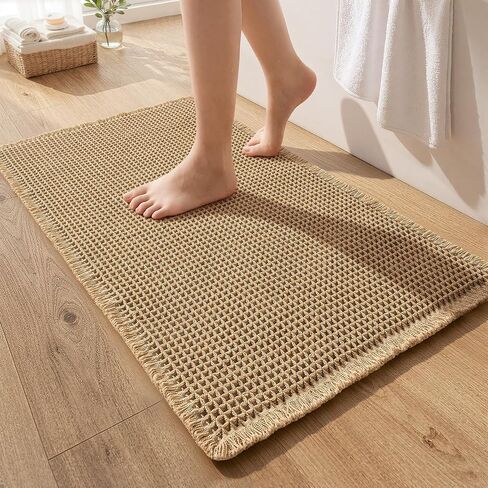 MIULEE Waffle Bathroom Runner Rugs, Super Absorbent Non Slip Bath Rug, Upgraded Soft Quick Dry Washable Boho Long Bath Mat with Tassels for Hallway Laundry Room Bedroom, 2'x6' (24"x72"), Brown in Kuwait