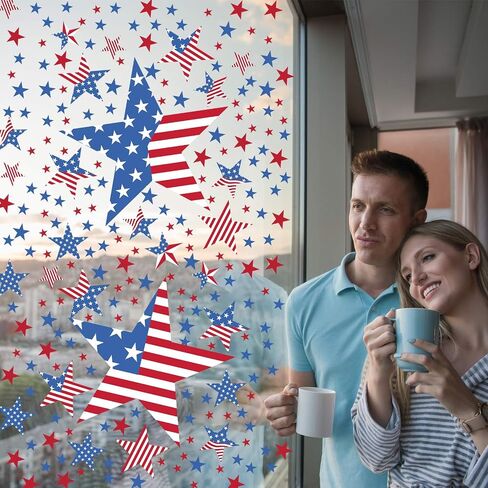AmazingSpark 4 Pcs 4th of July Large Window Clings Patriotic Decorations Red White Blue Flag Star American Double Sided Window Art Decals for USA Independence Glass Mirror Supplies in Kuwait