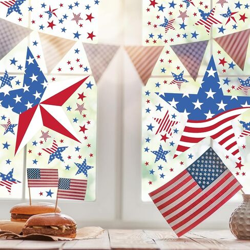AmazingSpark 4 Pcs 4th of July Large Window Clings Patriotic Decorations Red White Blue Flag Star American Double Sided Window Art Decals for USA Independence Glass Mirror Supplies in Kuwait