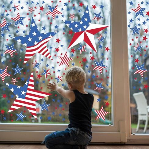 AmazingSpark 4 Pcs 4th of July Large Window Clings Patriotic Decorations Red White Blue Flag Star American Double Sided Window Art Decals for USA Independence Glass Mirror Supplies in Kuwait