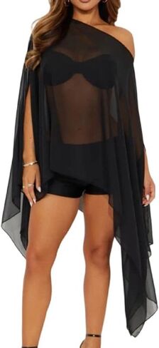 Women Chiffon Shawl Wrap Sheer Mesh Asymmetrical Flowy Cape Cover Up Poncho Top Elegant Bridal Capelets in Kuwait