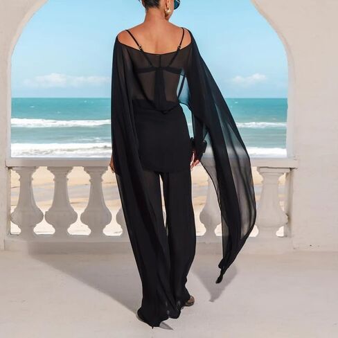 Women Chiffon Shawl Wrap Sheer Mesh Asymmetrical Flowy Cape Cover Up Poncho Top Elegant Bridal Capelets in Kuwait