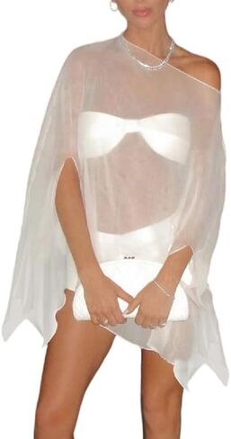 Women Chiffon Shawl Wrap Sheer Mesh Asymmetrical Flowy Cape Cover Up Poncho Top Elegant Bridal Capelets in Kuwait