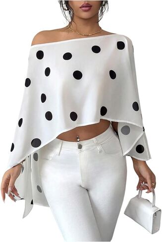 GORGLITTER Women's Polka Dots Poncho Top Chiffon Off The Shoulder Cape Sleeve Shawl Wraps Sexy Elegant Going Out Tops in Kuwait