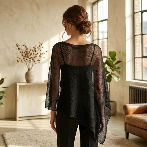 Women Sheer Poncho Top Knit Crochet Shrug Summer Mesh Beach Cover Up Lightweight Sun Protection Shawl in Kuwait
