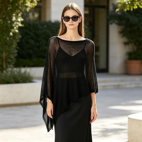 Women Sheer Poncho Top Knit Crochet Shrug Summer Mesh Beach Cover Up Lightweight Sun Protection Shawl in Kuwait