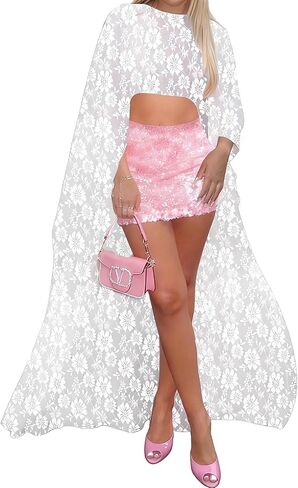 Women Lace Sheer Crewneck Shawls and Wraps Floral Lace Long Capes Cover Up in Kuwait
