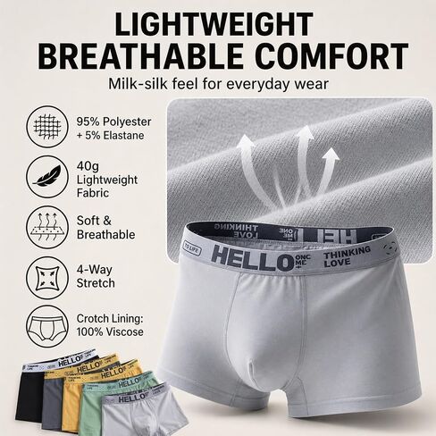 Men's Boxer Briefs 5 Pack, Soft Stretch Underwear | Smooth milk-silk feel with breathable stretch, no-fly 3D pouch, viscose lining, and logo waistband for daily wear in Kuwait