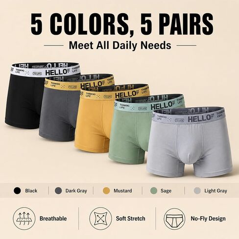 Men's Boxer Briefs 5 Pack, Soft Stretch Underwear | Smooth milk-silk feel with breathable stretch, no-fly 3D pouch, viscose lining, and logo waistband for daily wear in Kuwait