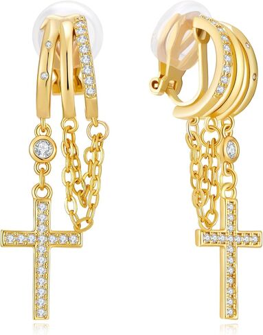 Gold Drop Clip On Earrings for Women Sparkling Cross Chain Dangle Clip Earrings Non Piercing Dangle Earrings Fashion Jewelry in Kuwait