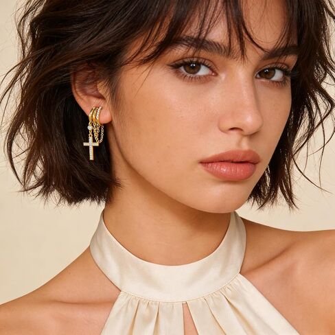 Gold Drop Clip On Earrings for Women Sparkling Cross Chain Dangle Clip Earrings Non Piercing Dangle Earrings Fashion Jewelry in Kuwait