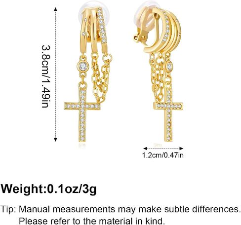 Gold Drop Clip On Earrings for Women Sparkling Cross Chain Dangle Clip Earrings Non Piercing Dangle Earrings Fashion Jewelry in Kuwait