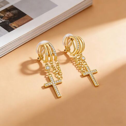 Gold Drop Clip On Earrings for Women Sparkling Cross Chain Dangle Clip Earrings Non Piercing Dangle Earrings Fashion Jewelry in Kuwait
