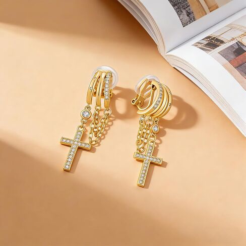 Gold Drop Clip On Earrings for Women Sparkling Cross Chain Dangle Clip Earrings Non Piercing Dangle Earrings Fashion Jewelry in Kuwait