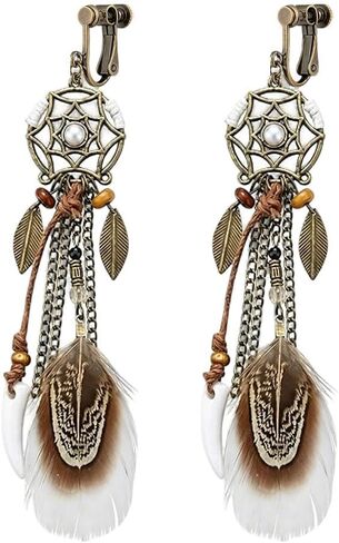 MALOYANVE Dream Catcher Feather Clip-On Earrings for Women Vintage Boho Bronze Native American Non-Pierced Dangle Earrings Western Ethnic Jewelry Gift in Kuwait