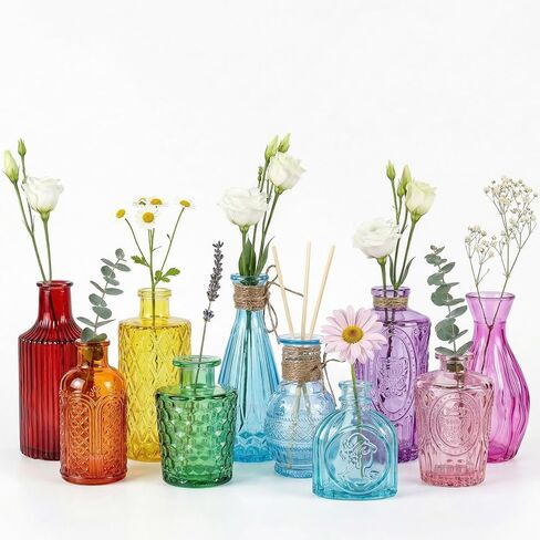 24Pcs Bulk Colored Glass Bud Vase Set,Embossed Mini Small Vintage Flower Vases with Jute Twine & Ribbons for Wedding Centerpieces,Home Table Decor,Party,Birthday Gift (Clear,Pink,Amber,Blue,Green) in Kuwait