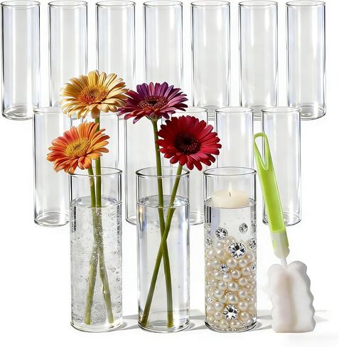 16Pcs Glass Cylinder Bud Vases for Centerpieces, 7.7 Inch Tall Clear Flower Vases in Bulk, Floating Candle Holder for Wedding, Party, Home Decor, Birthday, Decoration, Anniversary, Baby Shower in Saudi Arabia