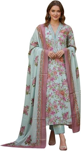 Women's Pink Pure Cotton Anarkali Floral Printed Kurta Set with Elegant Embroidered Work in Saudi Arabia
